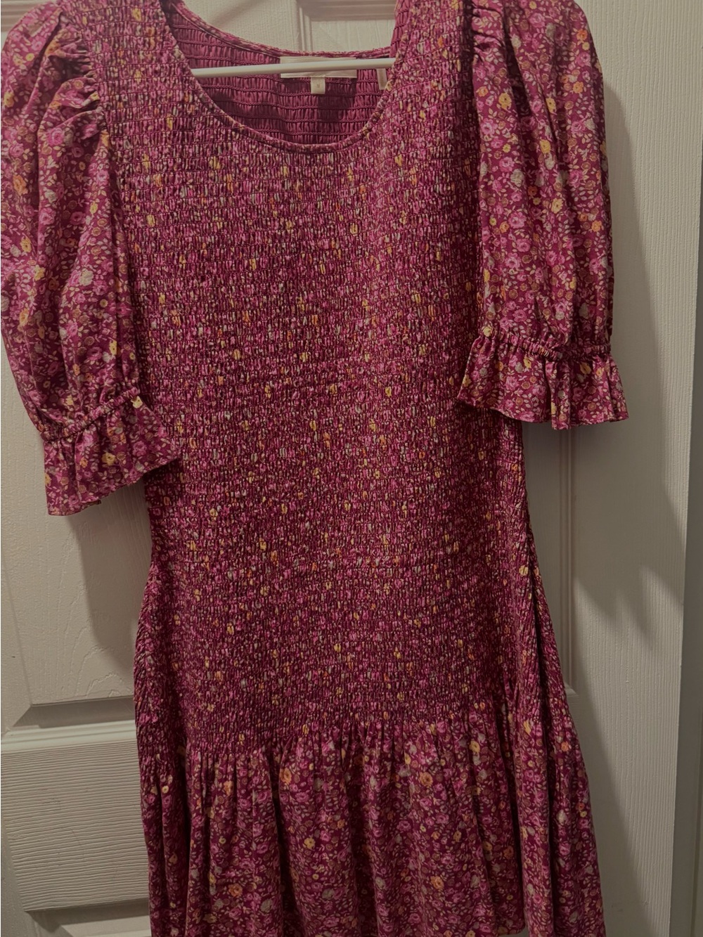 LoveShackFancy Magenta Floral Smocked Midi Dress